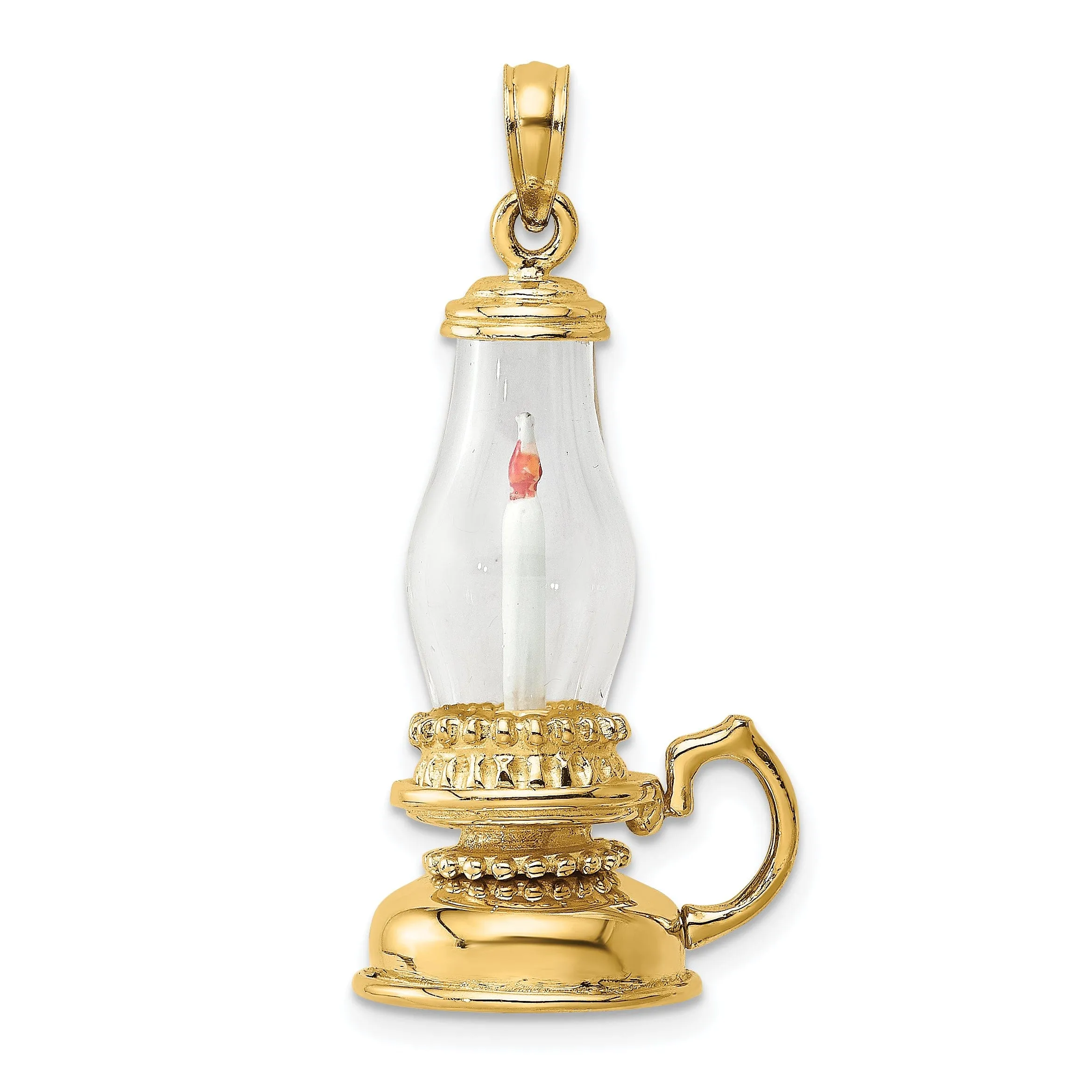 14K Yellow Gold Polished white Enamel Finish 3-Dimensional Glass Candle Lantern Charm Pendant