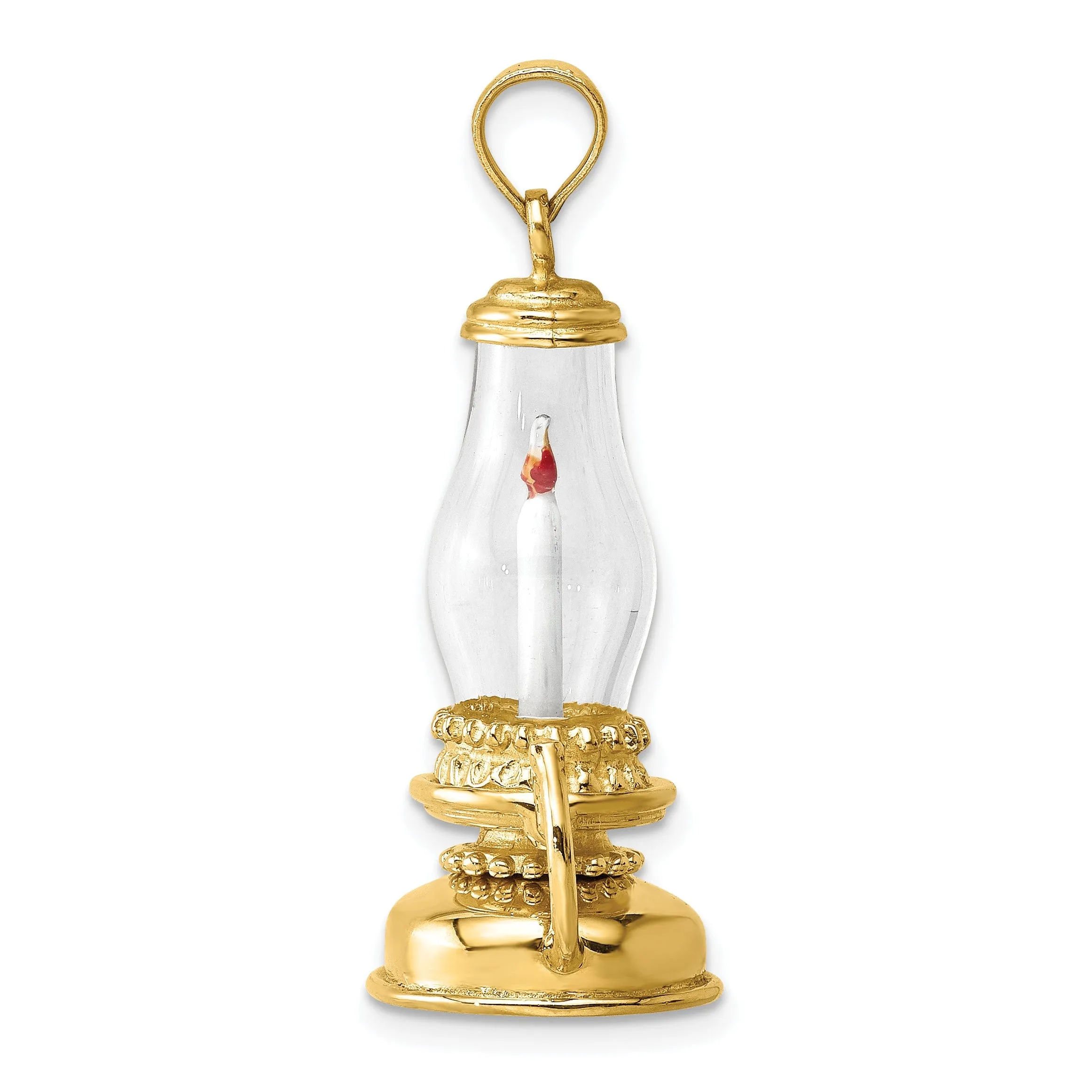 14K Yellow Gold Polished white Enamel Finish 3-Dimensional Glass Candle Lantern Charm Pendant