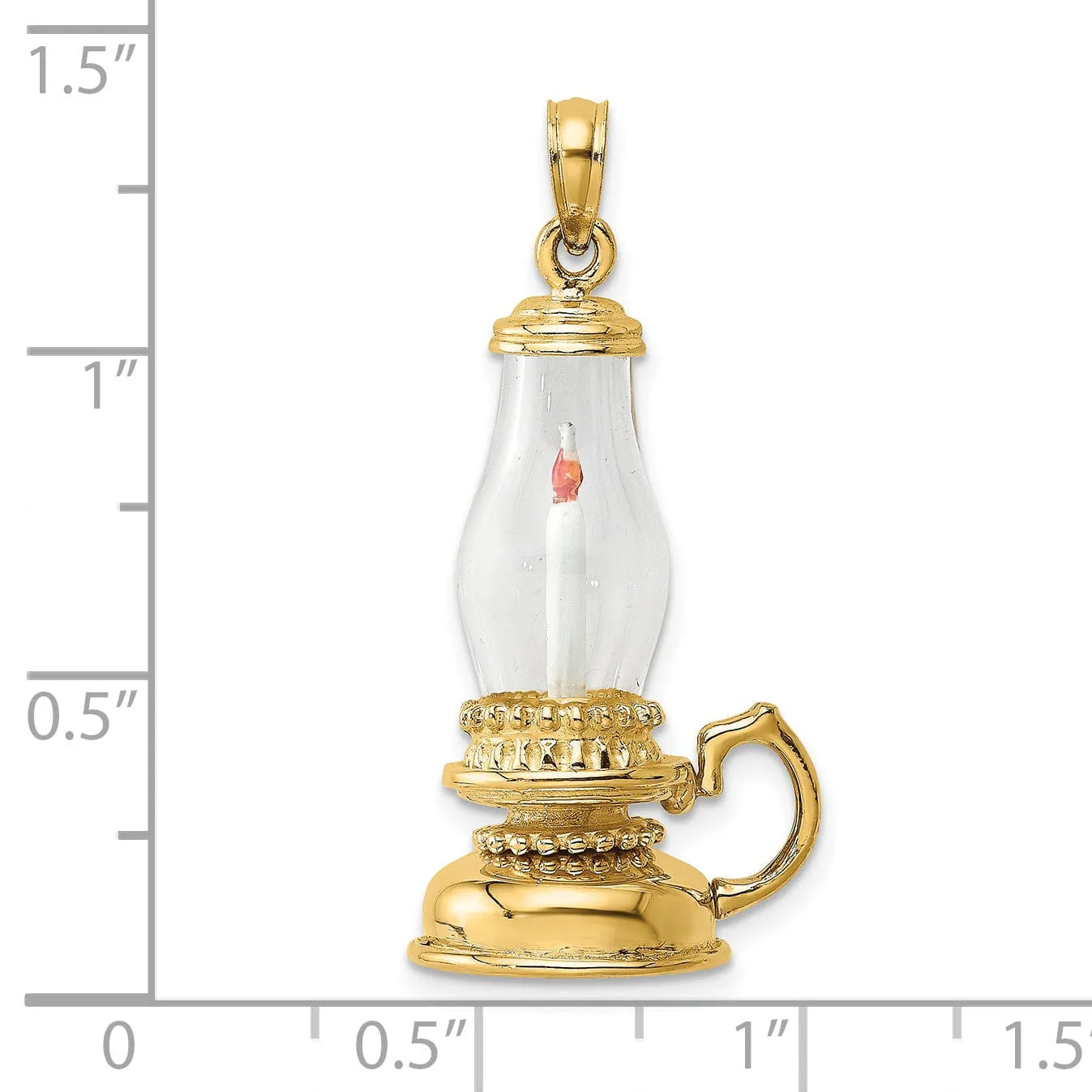 14K Yellow Gold Polished white Enamel Finish 3-Dimensional Glass Candle Lantern Charm Pendant