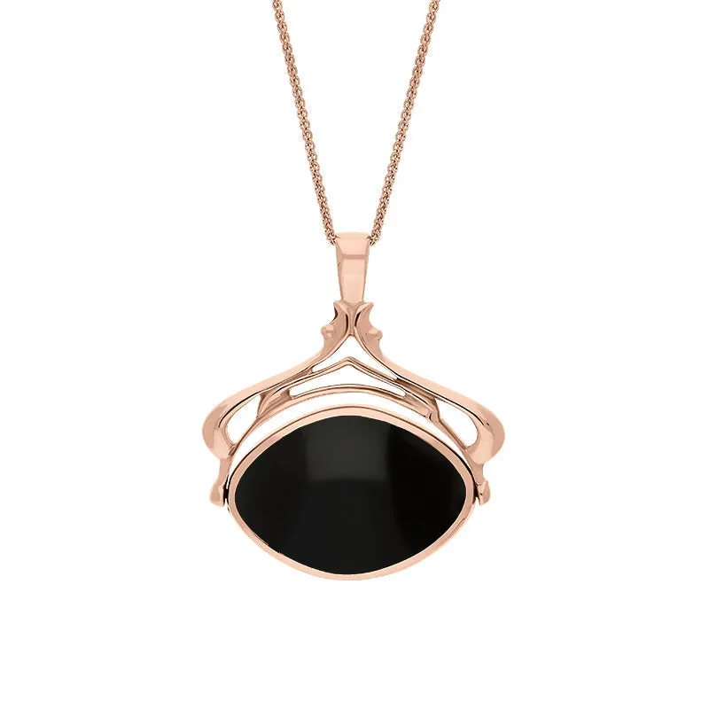 18ct Rose Gold Whitby Jet Malachite Marquise Swivel Fob Necklace