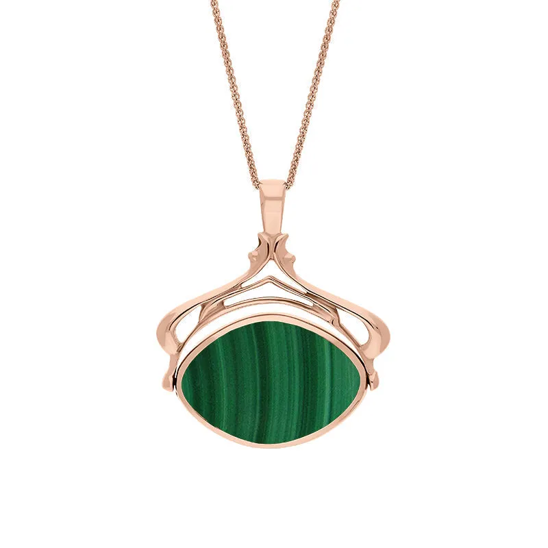 18ct Rose Gold Whitby Jet Malachite Marquise Swivel Fob Necklace