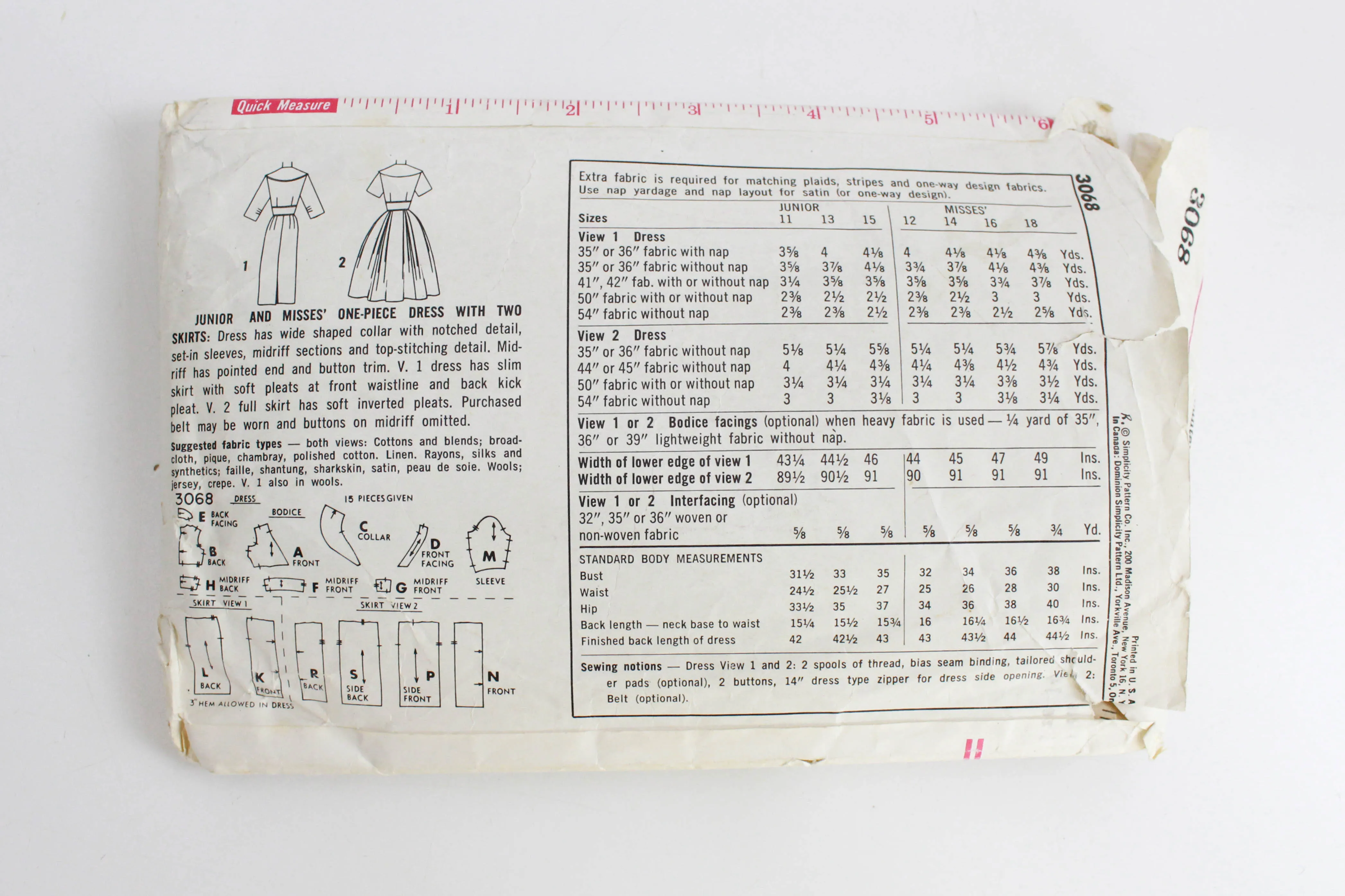 1950s Dress Sewing Pattern Simplicity 3068, Bust 34