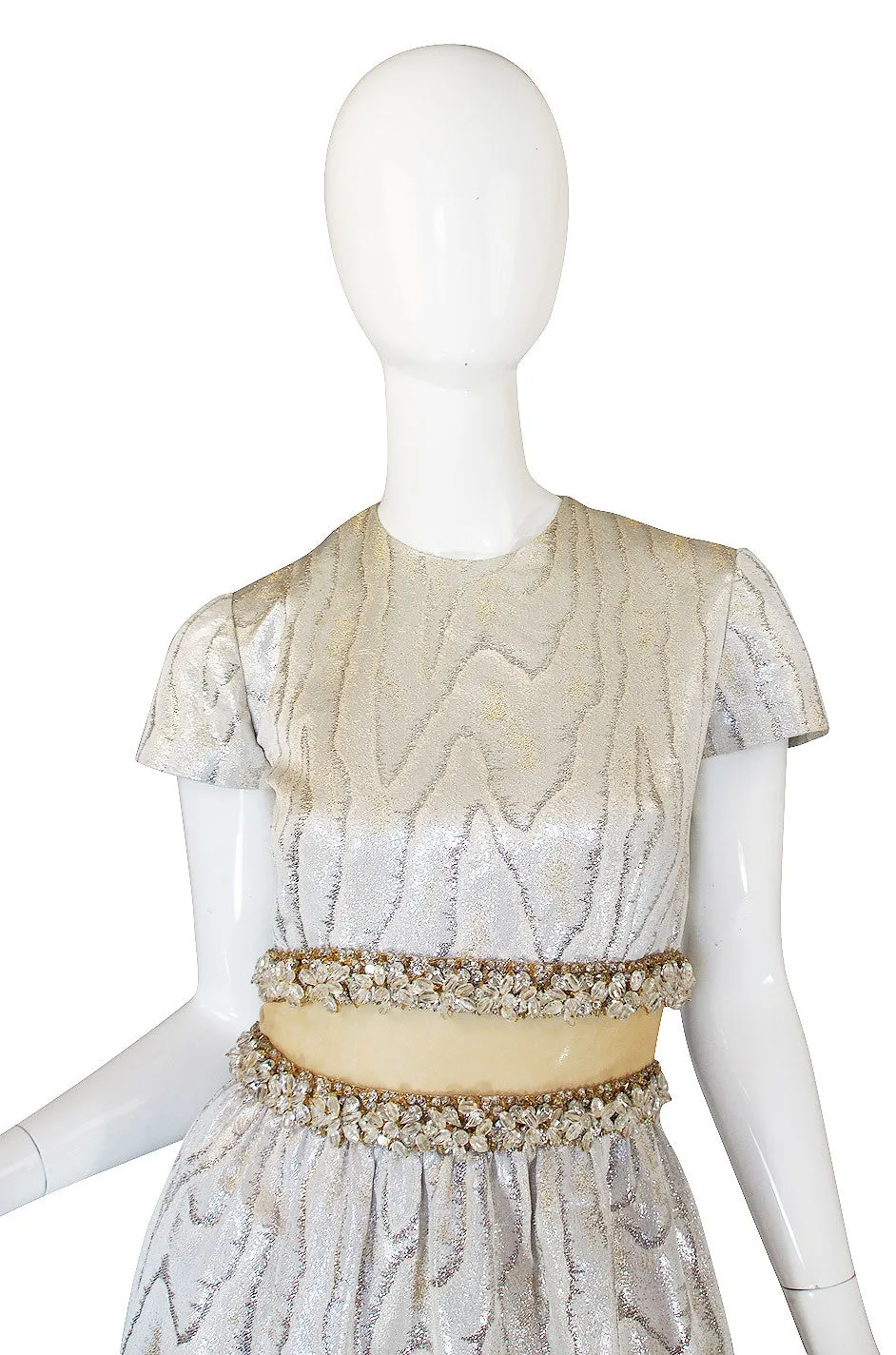 1960s Heavily Beaded Midriff Illusion Silver Gown