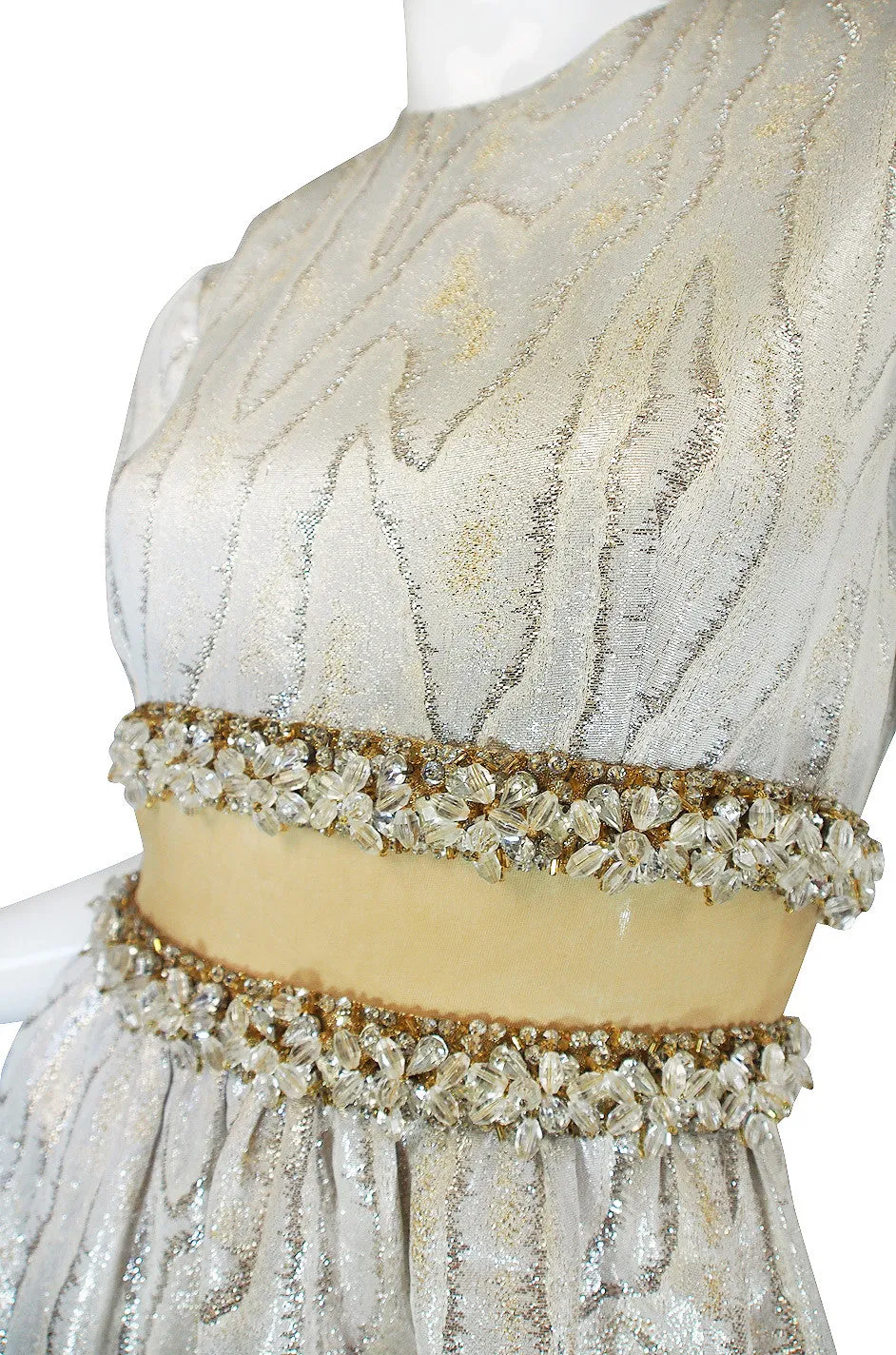 1960s Heavily Beaded Midriff Illusion Silver Gown