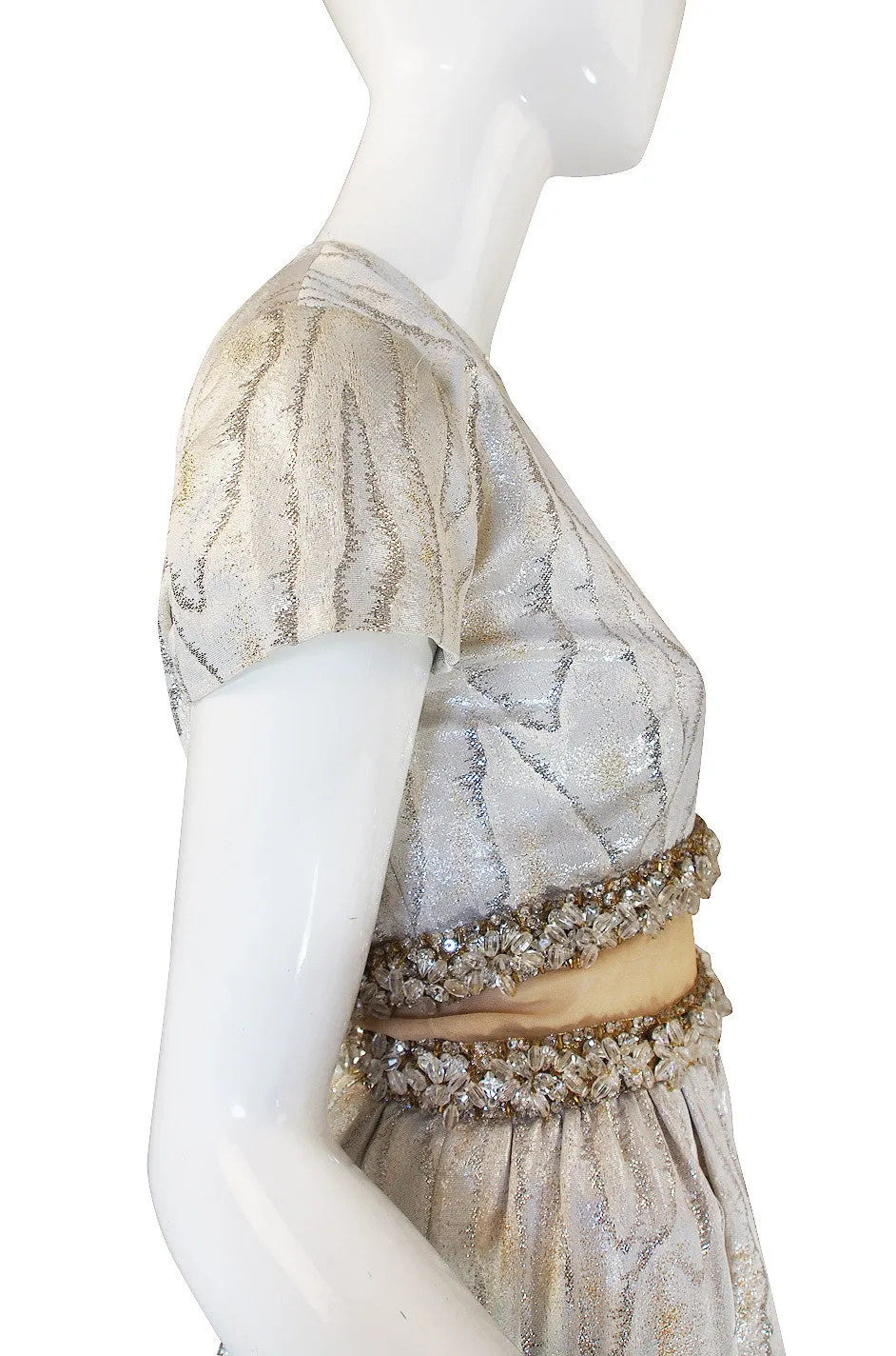 1960s Heavily Beaded Midriff Illusion Silver Gown