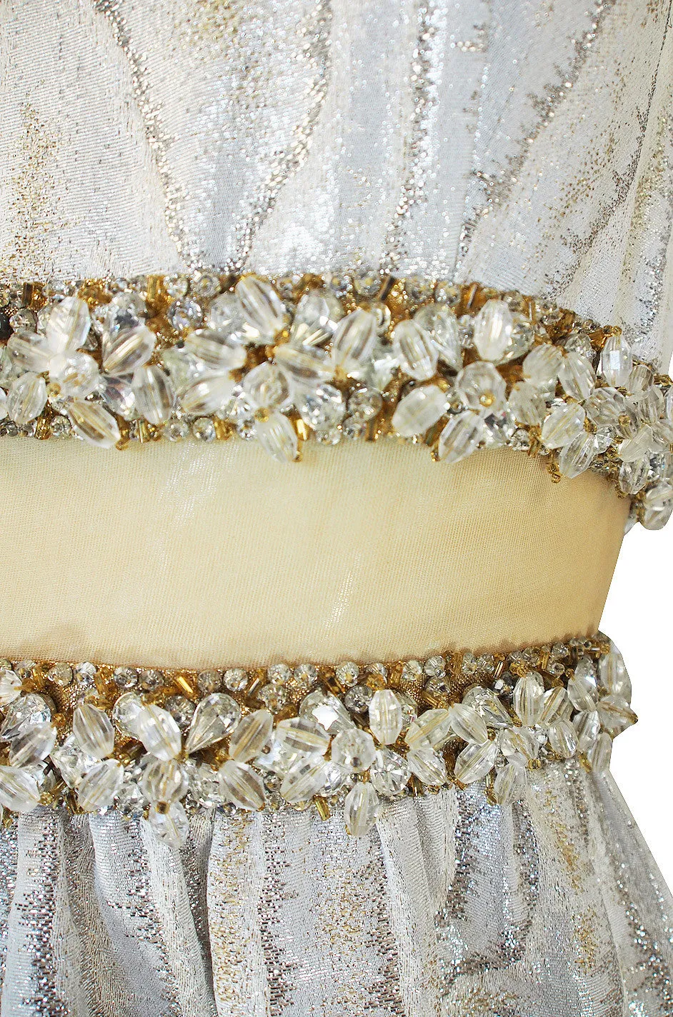 1960s Heavily Beaded Midriff Illusion Silver Gown