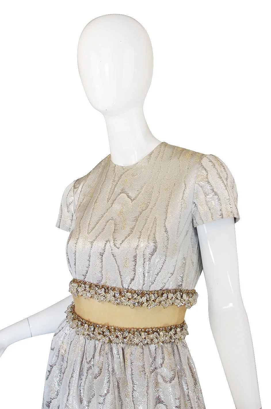 1960s Heavily Beaded Midriff Illusion Silver Gown