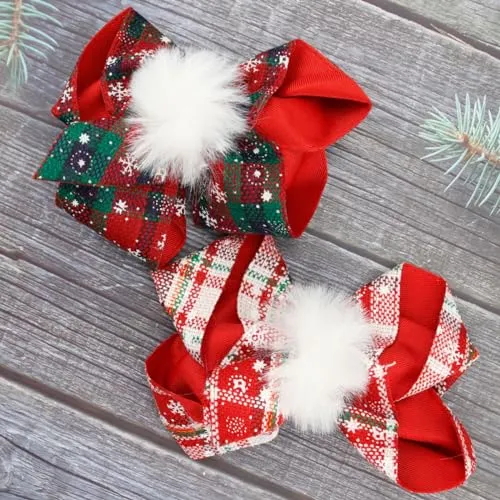 2PCS Christmas Hair Bows for Girls Large Bow Hair Barrette Clip Christmas Bow Clips for Toddler Baby Christmas Plaid Hair Bow Handmade Snowflakes Bowknot Hairpins Kids Hair Accessories(Style A)