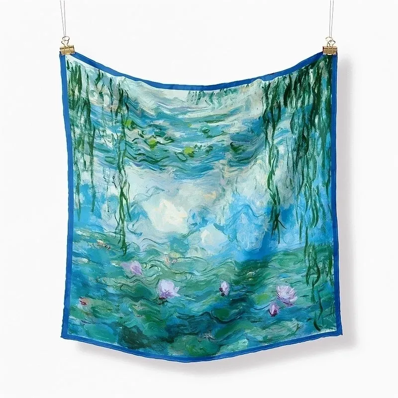 53cm Monet Oil Painting Series Water Lilies Under The Willow Tree Ladies Twill Scarf