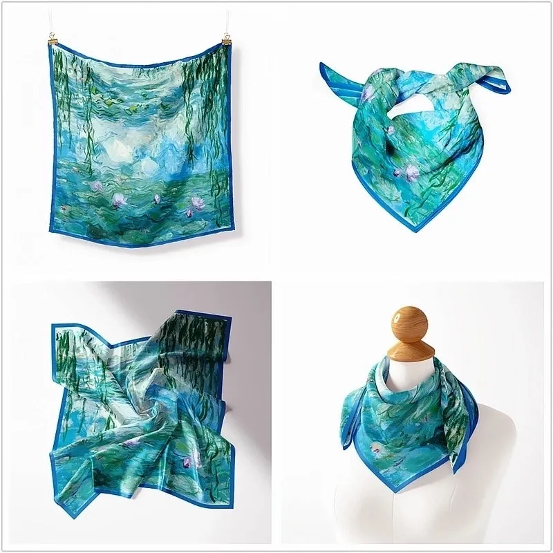 53cm Monet Oil Painting Series Water Lilies Under The Willow Tree Ladies Twill Scarf