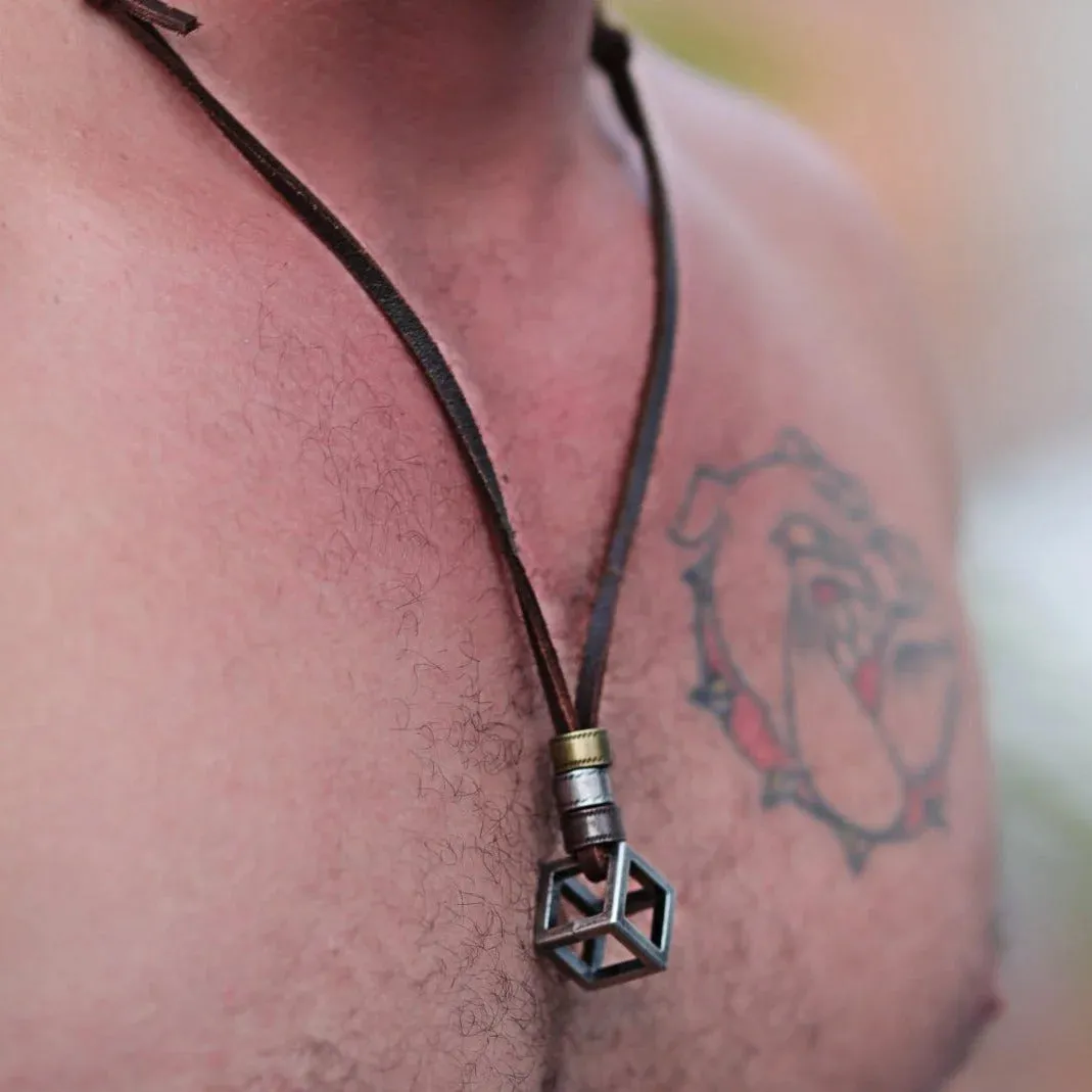 Aaren Cube Pendant with Leather Cord Necklace