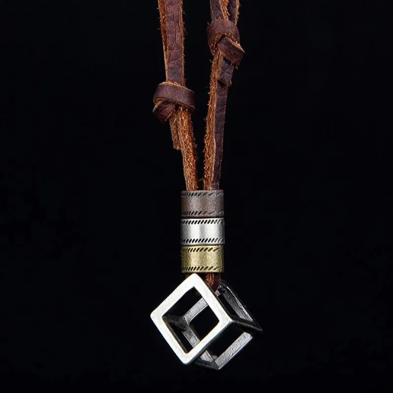 Aaren Leather Necklace with Cube Pendant