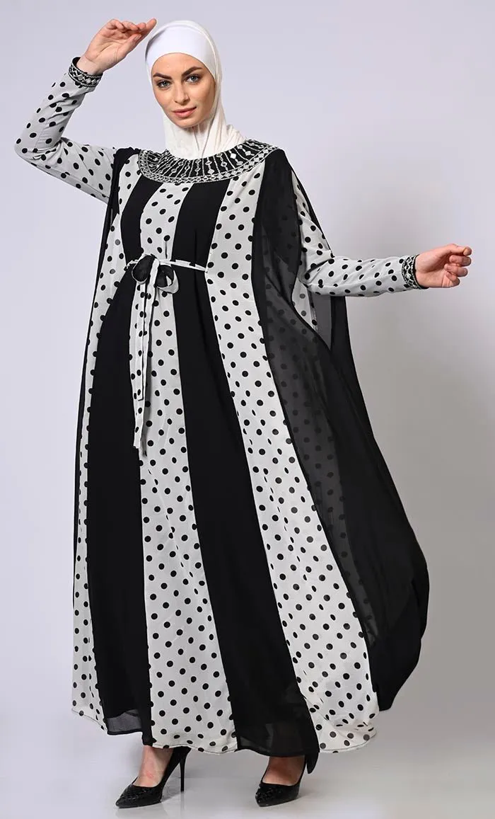 Beautiful Polka Dots Kaftan Abaya With Mirror Work Embroidery and Belt