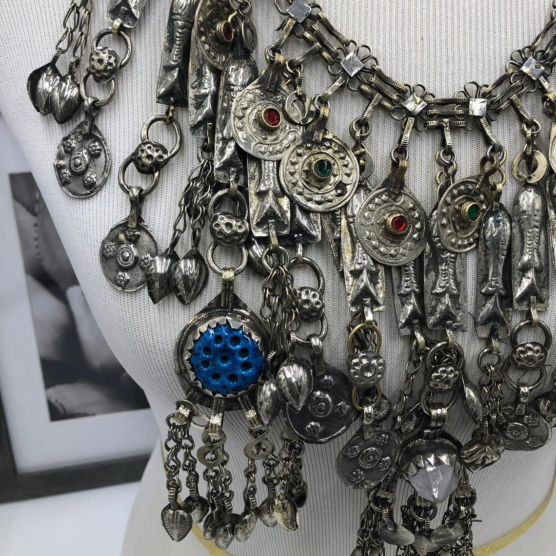 Bib Necklace Embellished with Fish Motifs and Dangling Tassels
