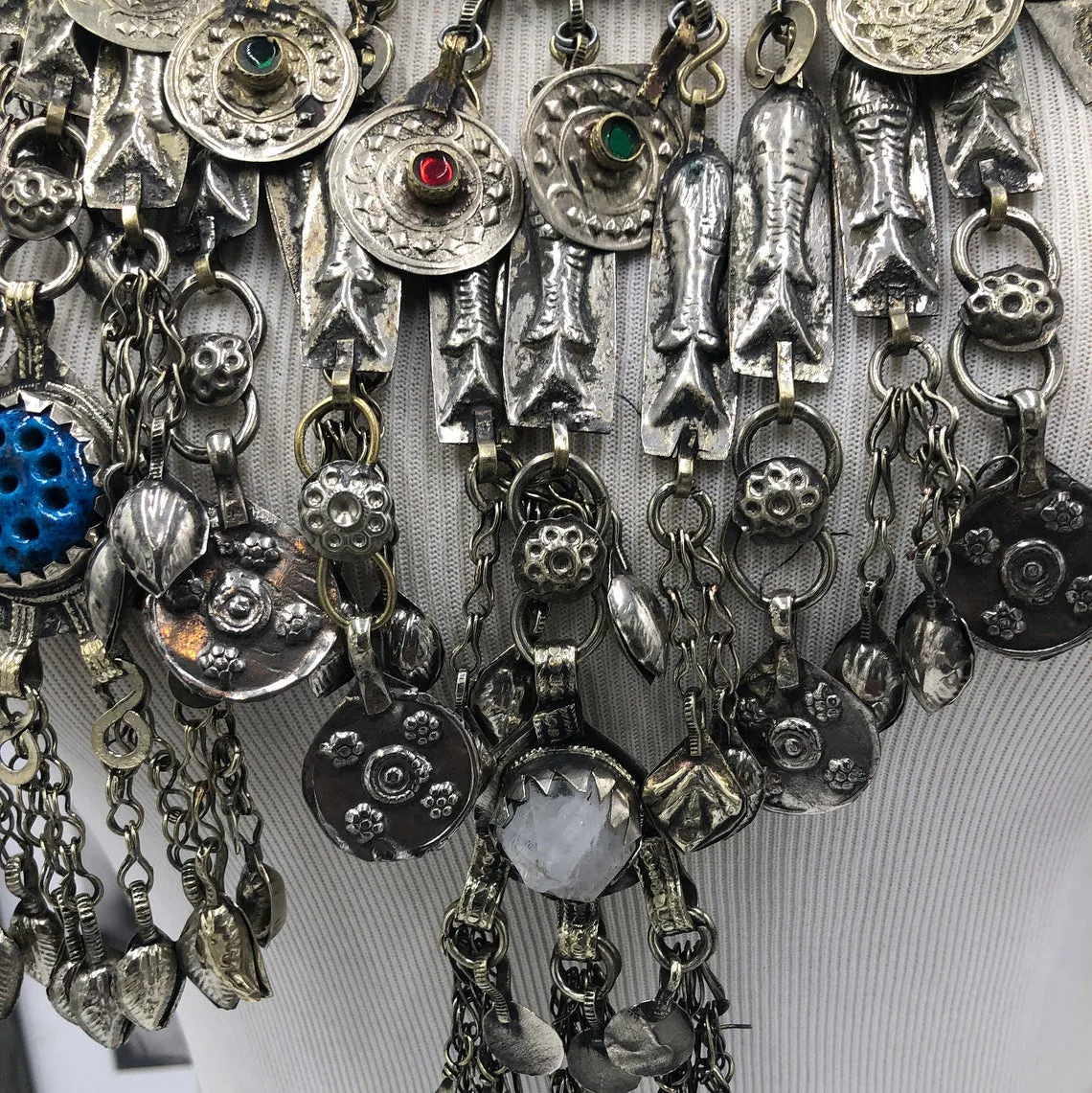Bib Necklace Embellished with Fish Motifs and Dangling Tassels