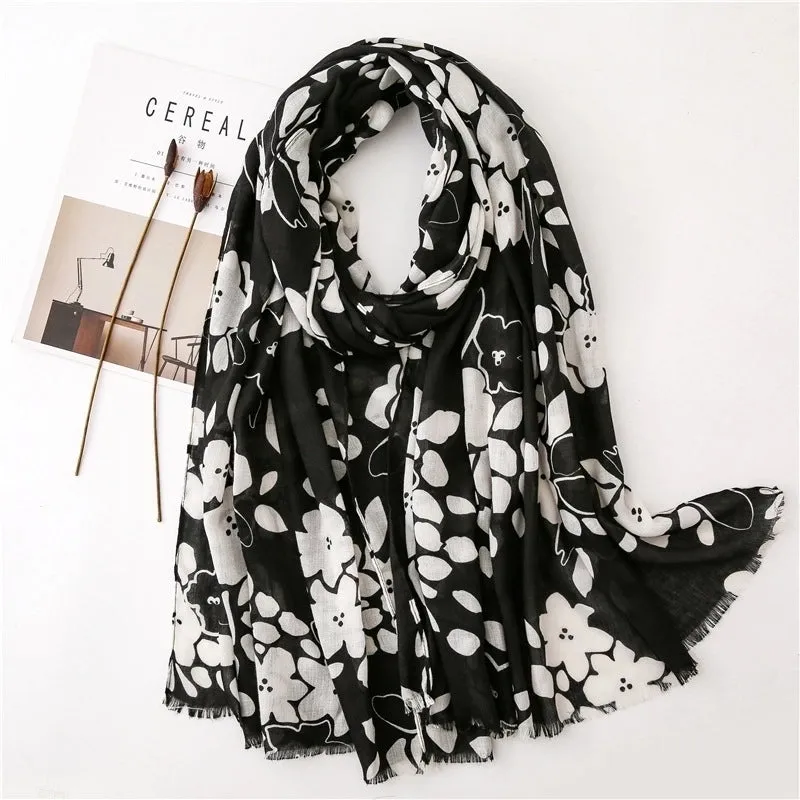 Black And White Printed Cotton And Linen Scarf Sunscreen Scarf Silk Scarf Long Shawl