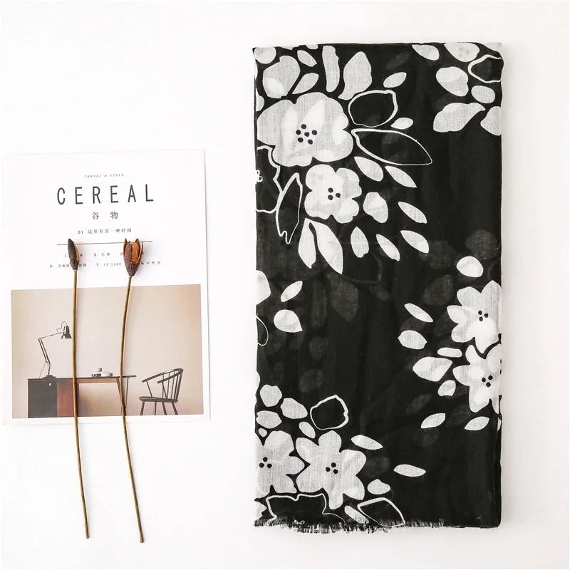 Black And White Printed Cotton And Linen Scarf Sunscreen Scarf Silk Scarf Long Shawl