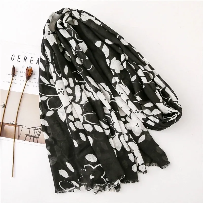 Black And White Printed Cotton And Linen Scarf Sunscreen Scarf Silk Scarf Long Shawl