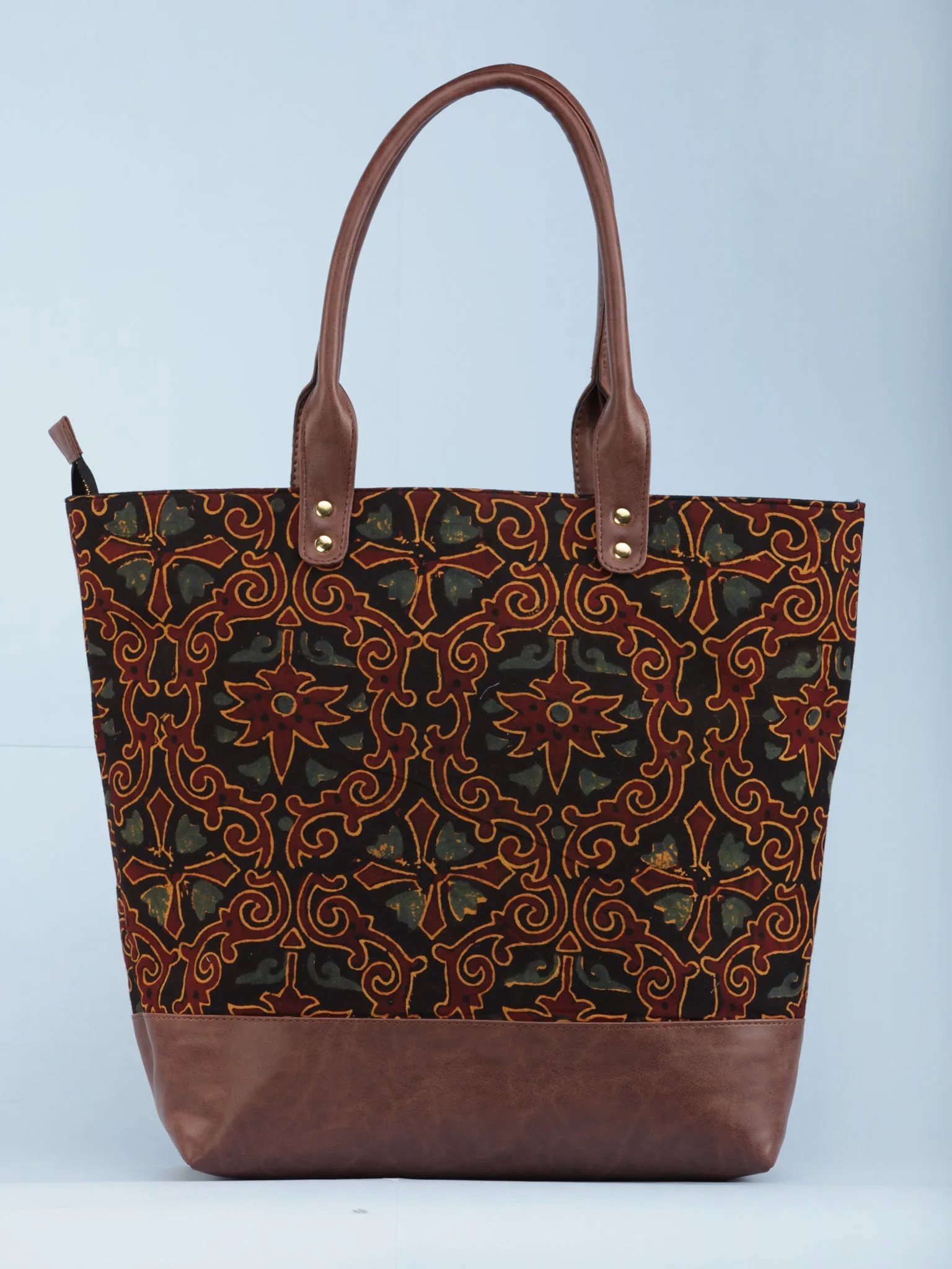 Black Maroon Mustard Ajrakh Hand Block Printed & Vegan Leather Tote Bag - B1005