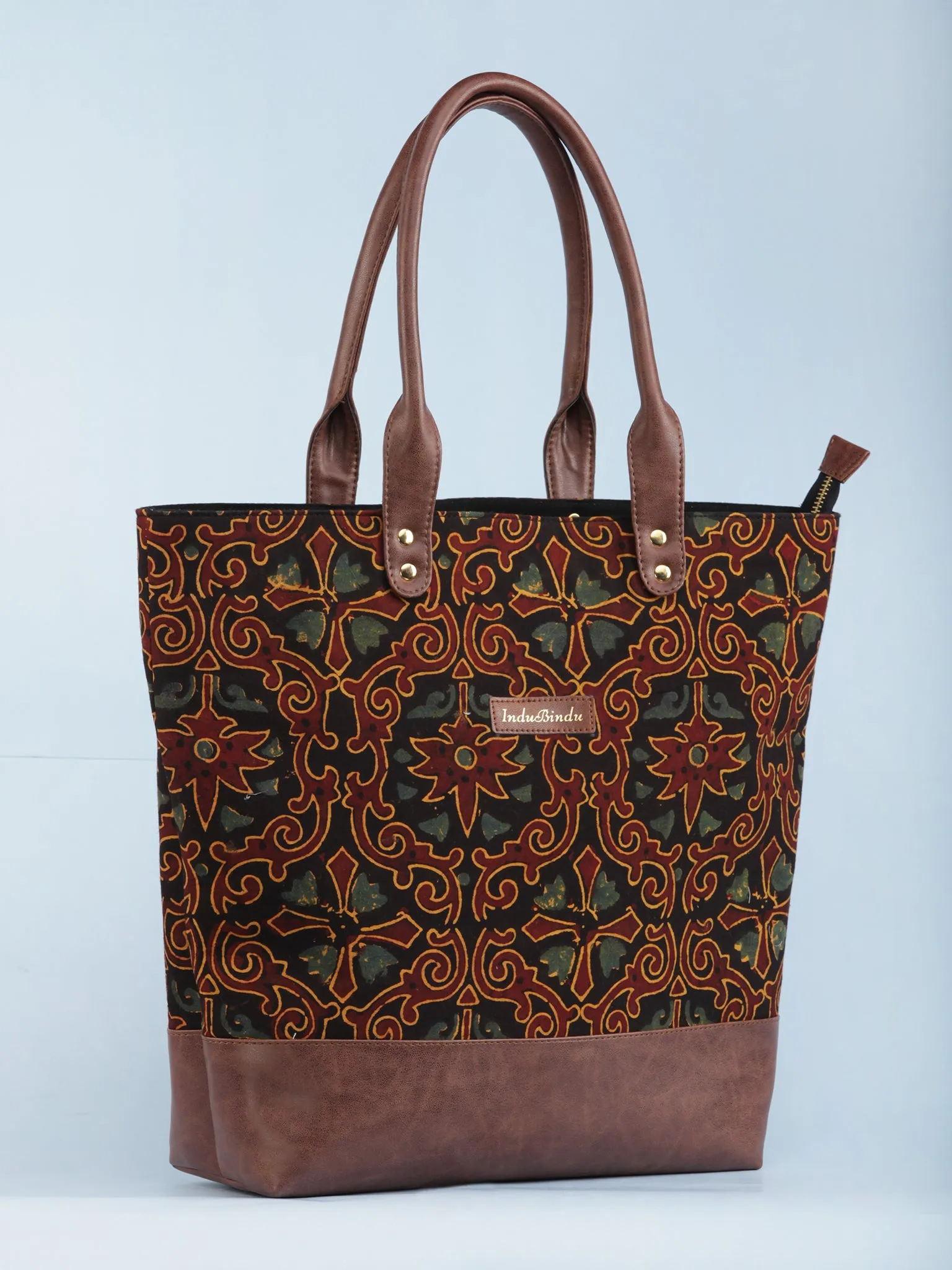 Black Maroon Mustard Ajrakh Hand Block Printed & Vegan Leather Tote Bag - B1005