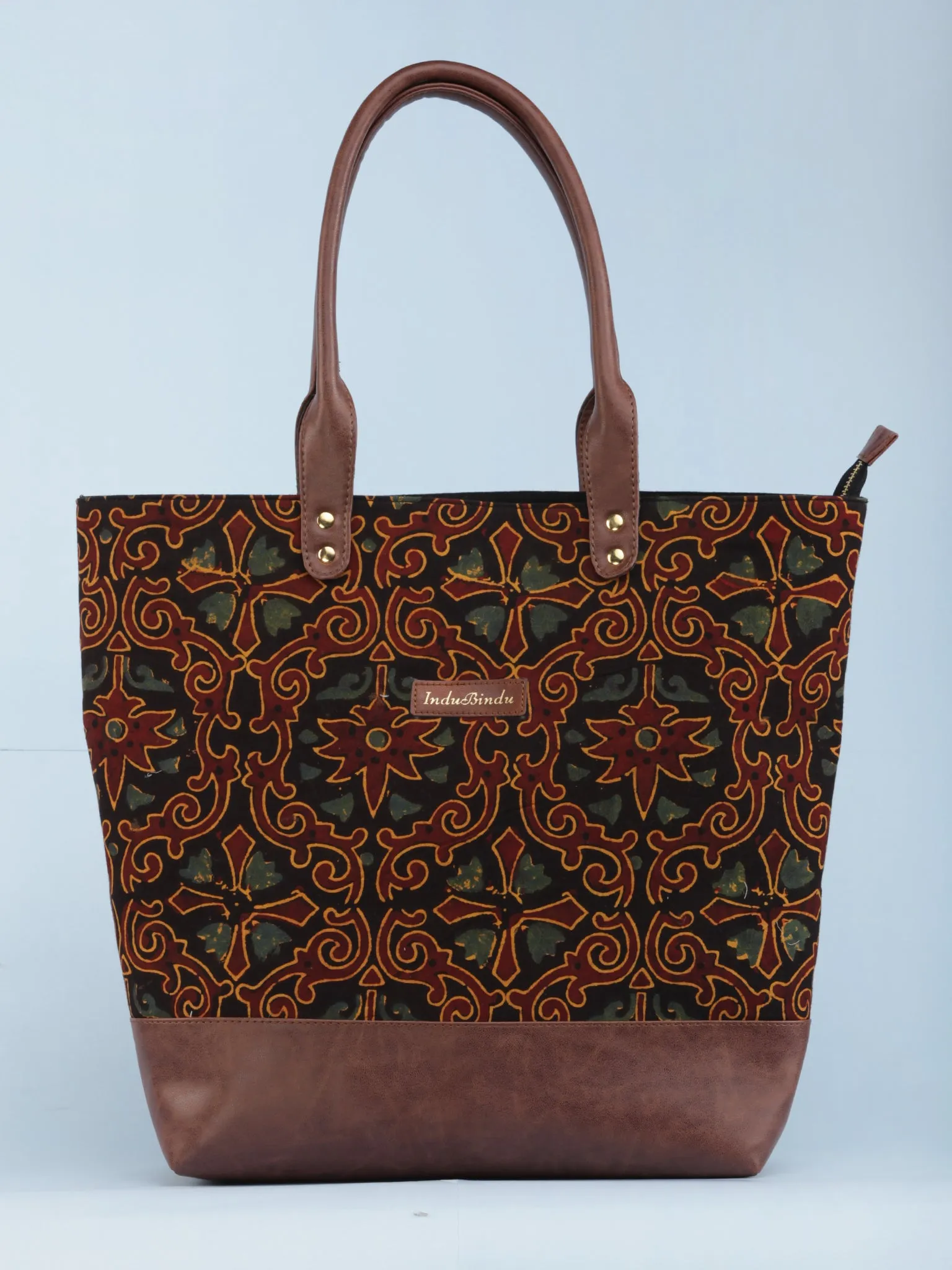 Black Maroon Mustard Ajrakh Hand Block Printed & Vegan Leather Tote Bag - B1005
