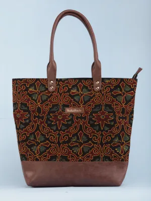 Black Maroon Mustard Ajrakh Hand Block Printed & Vegan Leather Tote Bag - B1005