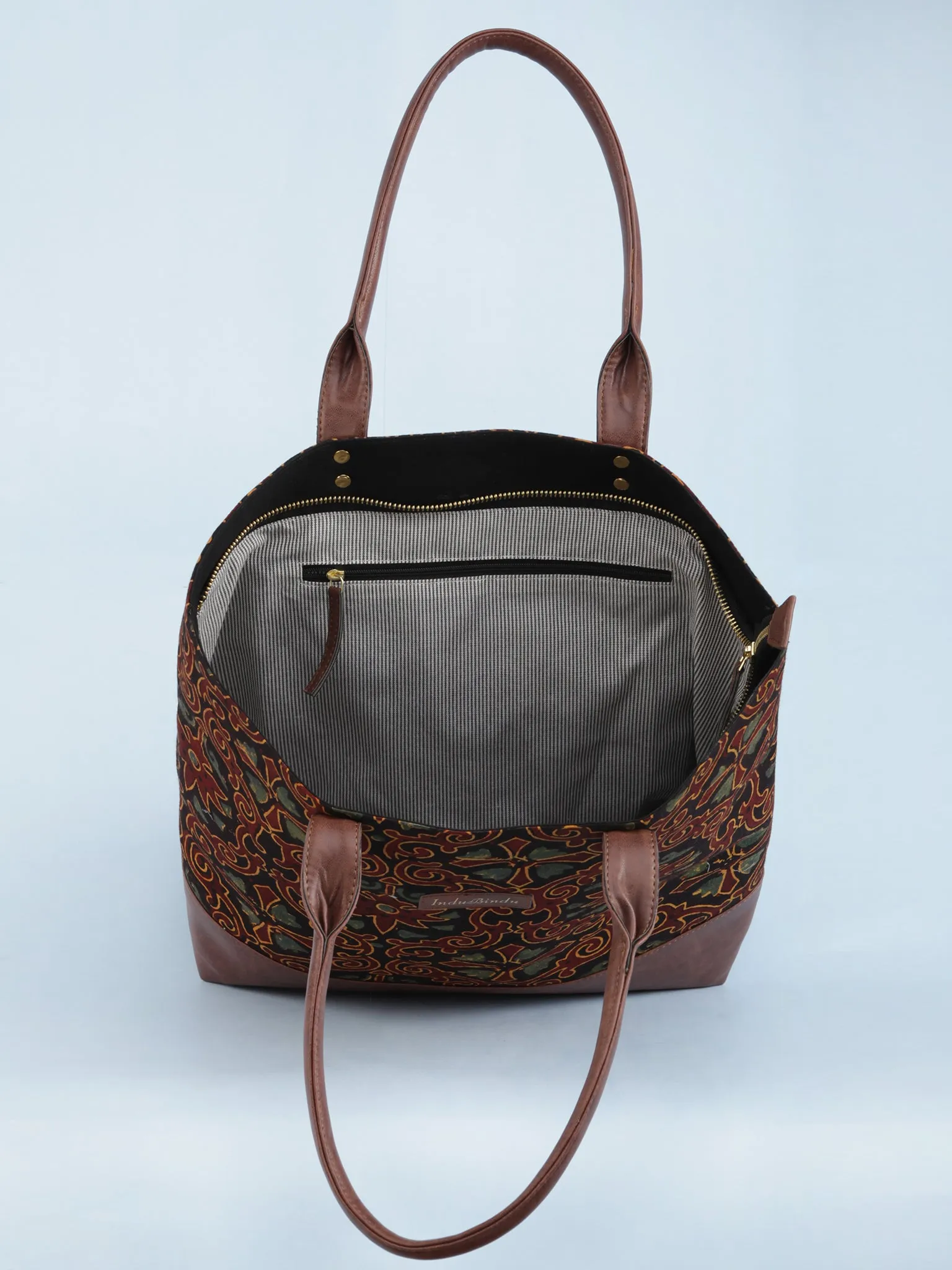 Black Maroon Mustard Ajrakh Hand Block Printed & Vegan Leather Tote Bag - B1005