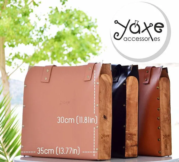 Black tote women bag from leather and olive tree wood