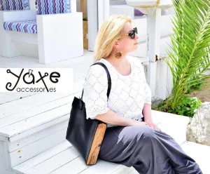 Black tote women bag from leather and olive tree wood
