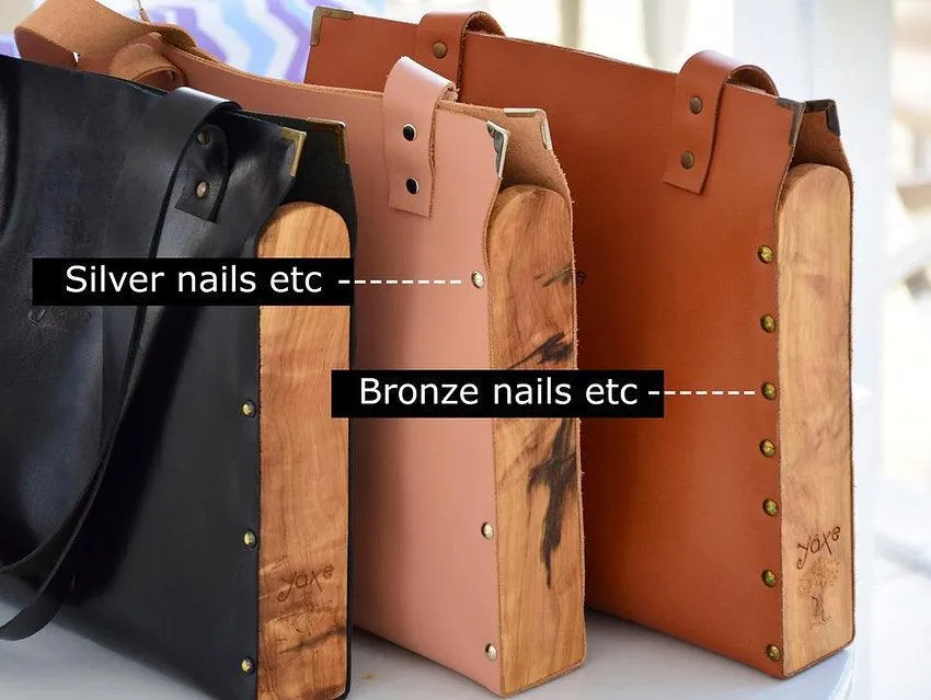 Black tote women bag from leather and olive tree wood