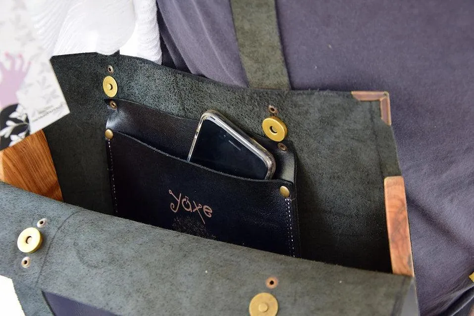 Black tote women bag from leather and olive tree wood