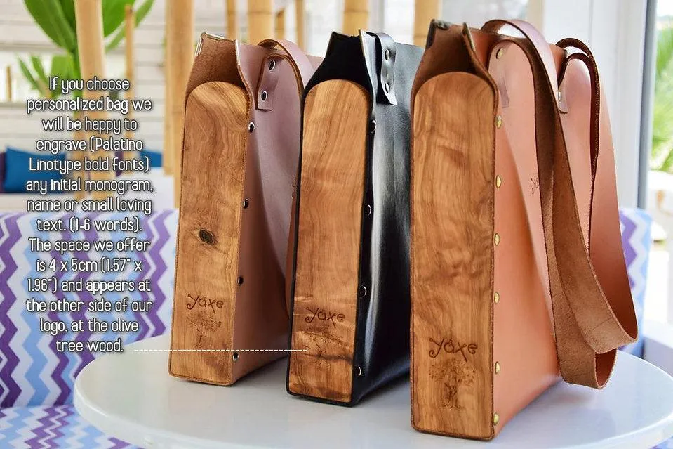 Black tote women bag from leather and olive tree wood