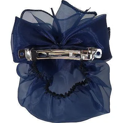 Blue Hair Bow Flower Bun Net Barrette Clip Satin Ribbon Snood Girls Accessories