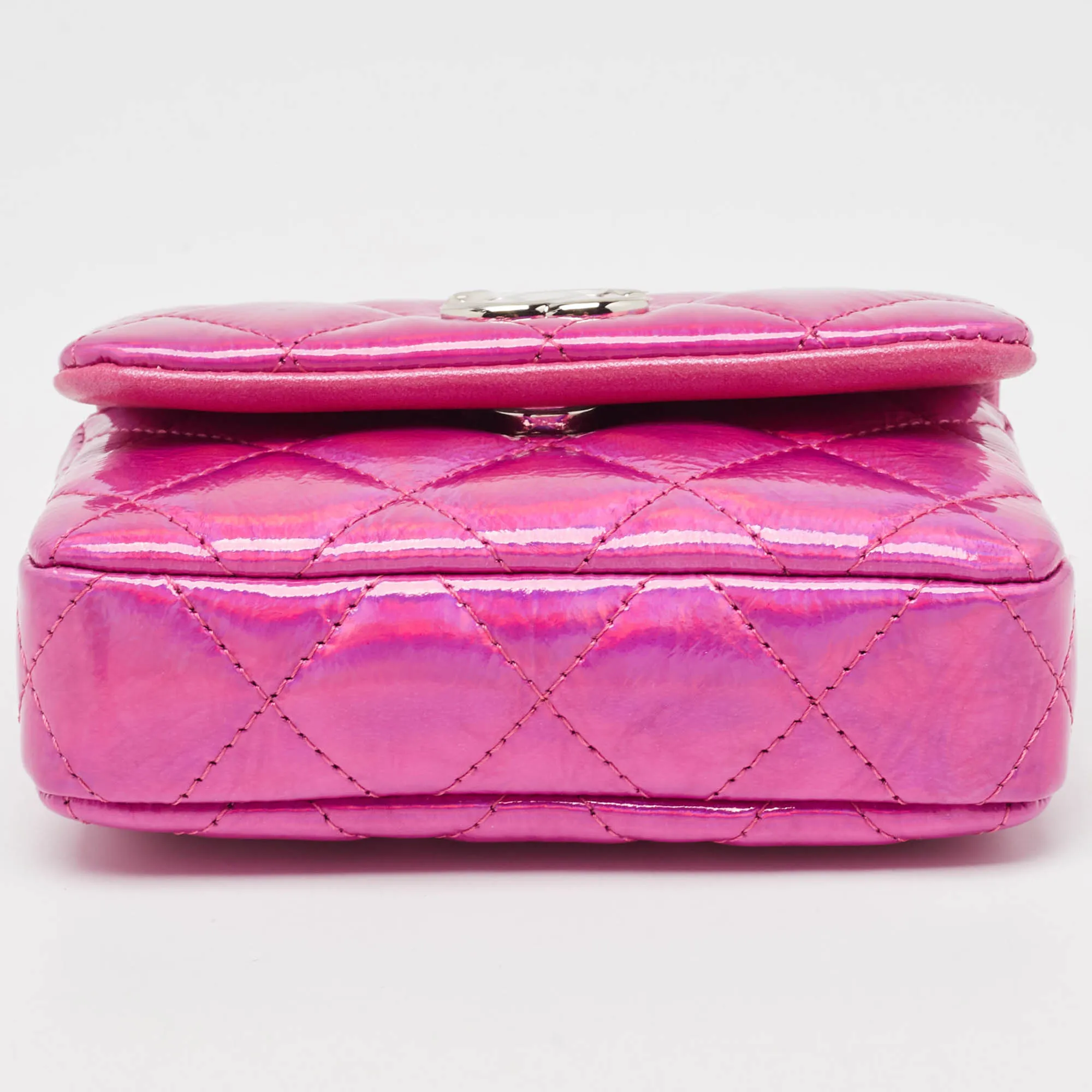 CHANEL Pink Iridescent Quilted Patent Leather CC Hook Card Holder