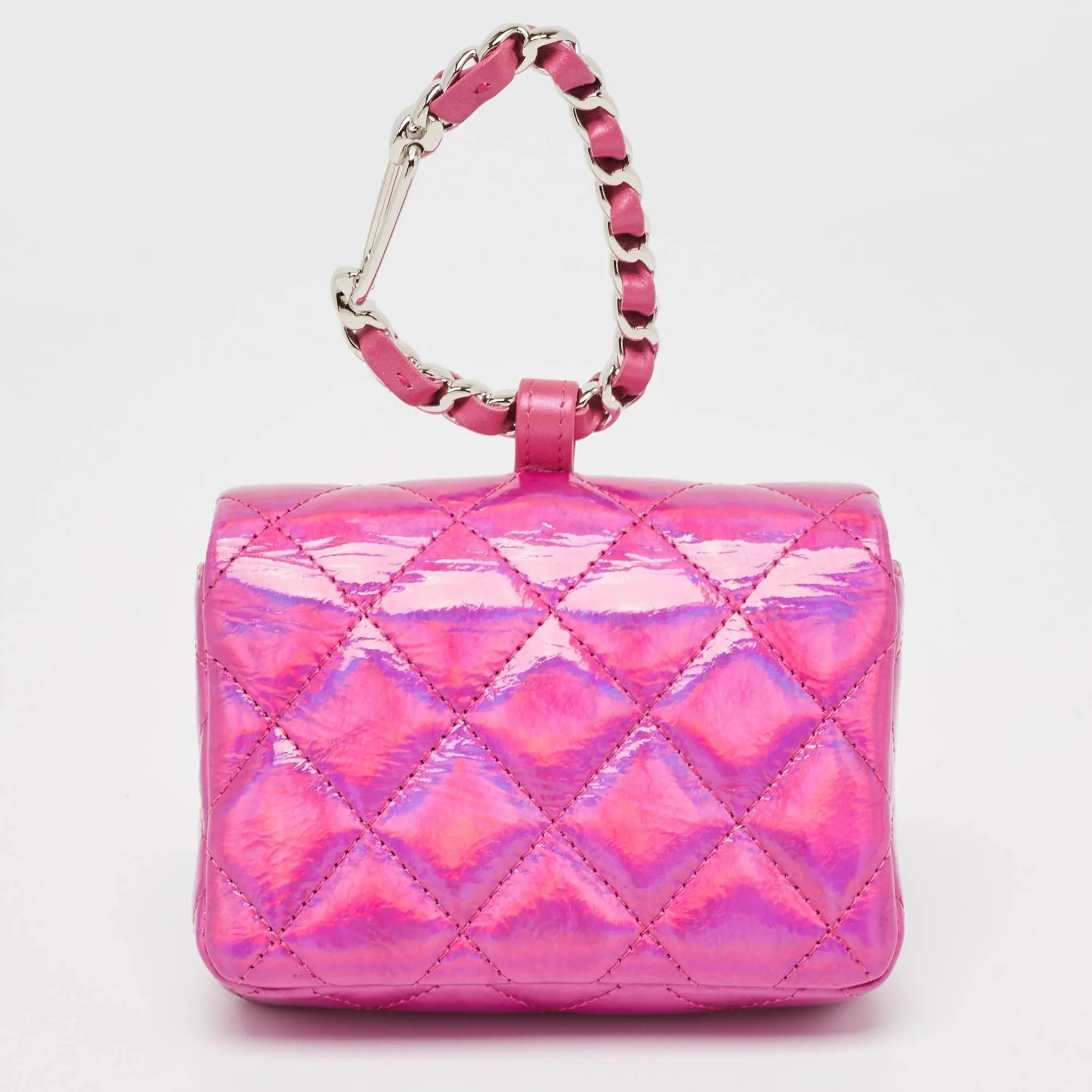 CHANEL Pink Iridescent Quilted Patent Leather CC Hook Card Holder