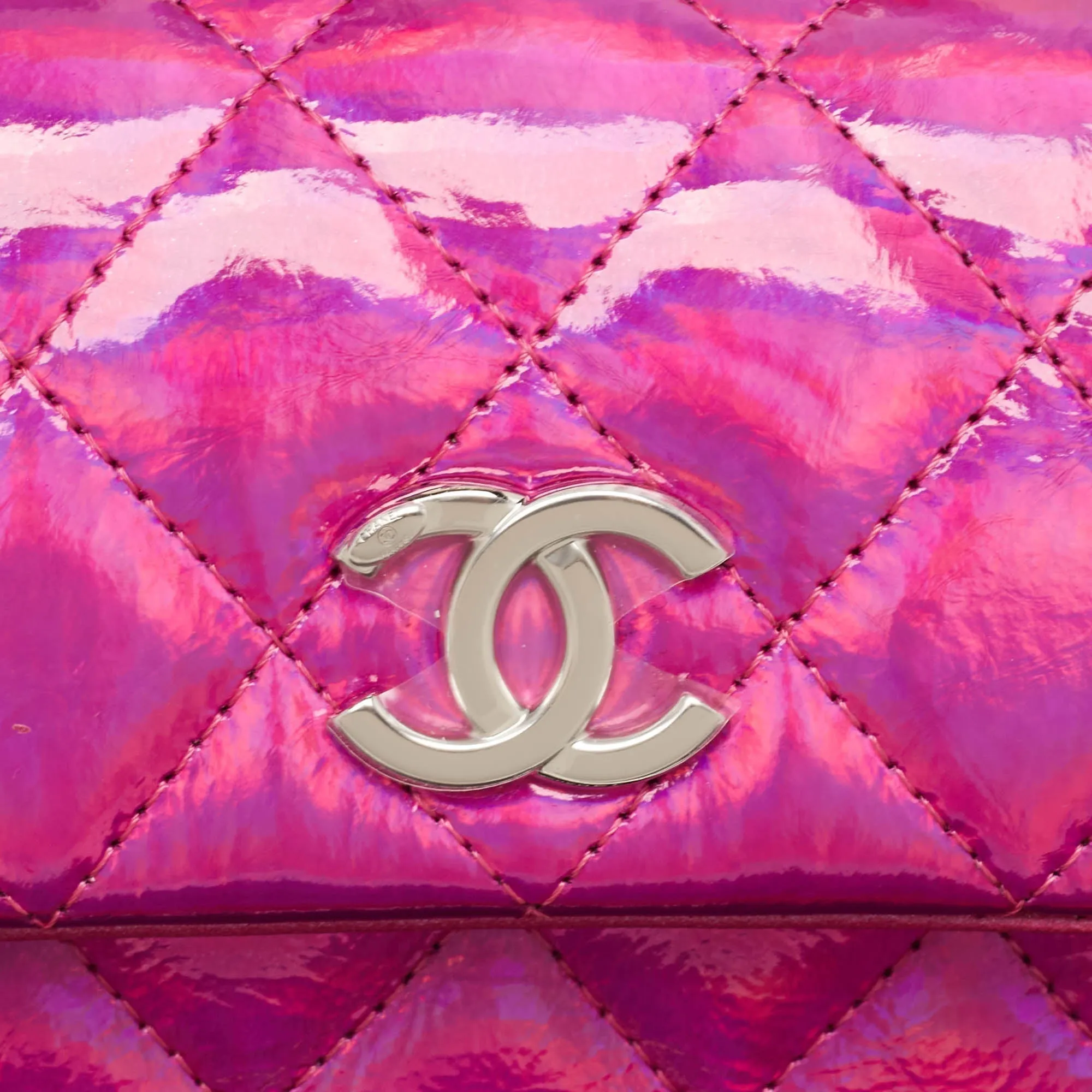 CHANEL Pink Iridescent Quilted Patent Leather CC Hook Card Holder