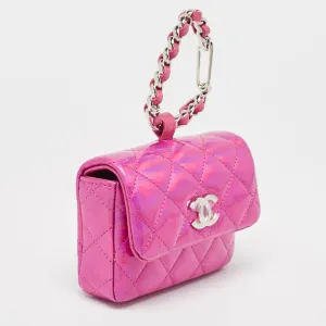 CHANEL Pink Iridescent Quilted Patent Leather CC Hook Card Holder