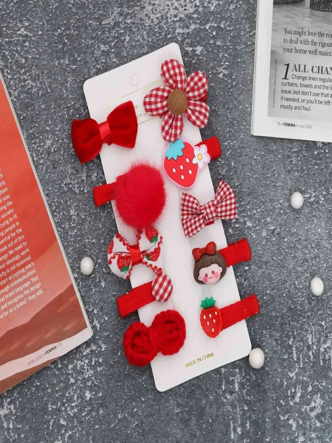 Charming Red Embellished Hair Clips for Girls-Set of 10