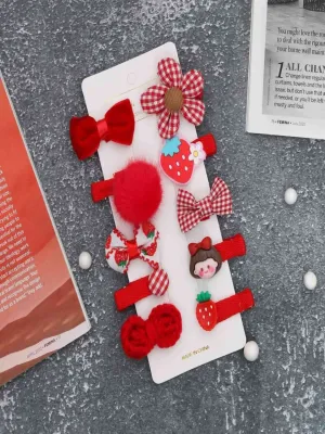 Charming Red Embellished Hair Clips for Girls-Set of 10
