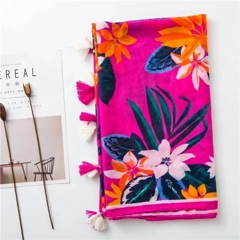 Cotton And Linen Scarf Warm Rose Red Tone Tropical Plant Color Tassel Wholesale Trend