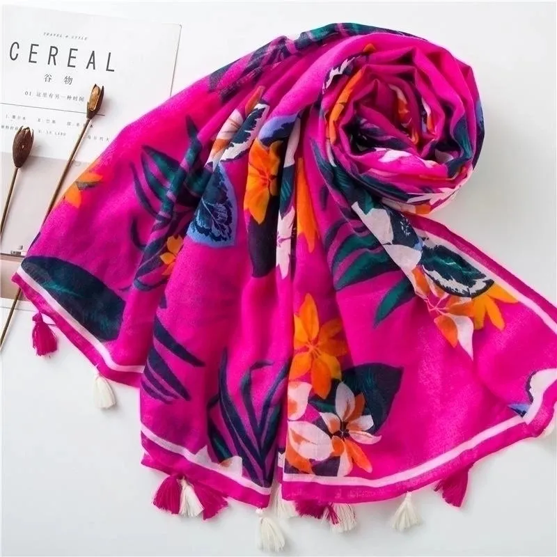 Cotton And Linen Scarf Warm Rose Red Tone Tropical Plant Color Tassel Wholesale Trend