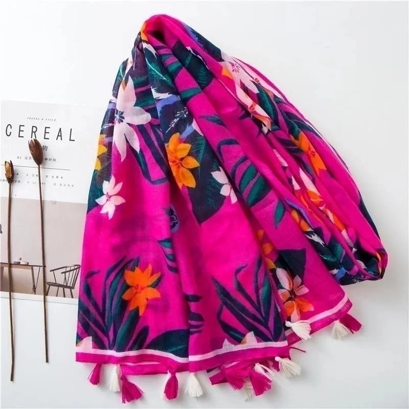 Cotton And Linen Scarf Warm Rose Red Tone Tropical Plant Color Tassel Wholesale Trend