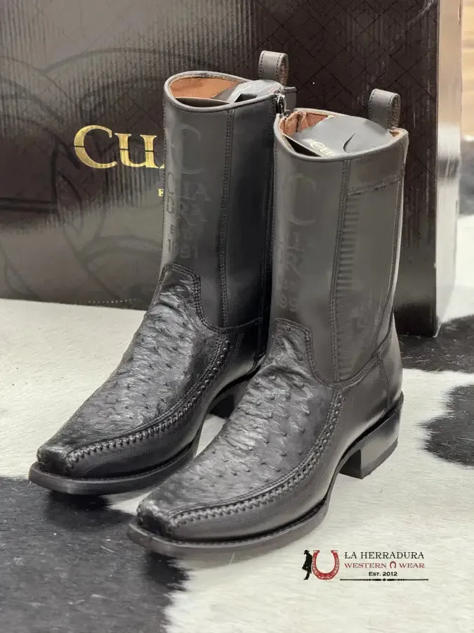 CUADRA SHORT BOOT OSTRICH BLACK LASER & WOVEN NARROW SQUARE TOE- 1J2KA1