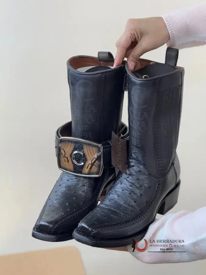 CUADRA SHORT BOOT OSTRICH BLACK LASER & WOVEN NARROW SQUARE TOE- 1J2KA1