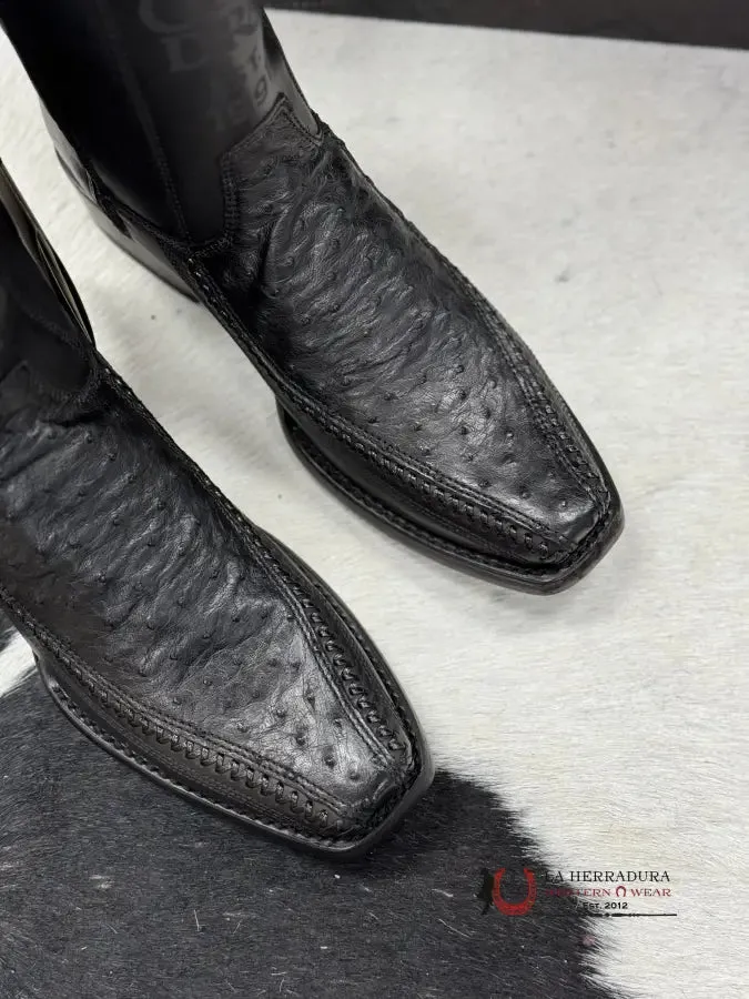 CUADRA SHORT BOOT OSTRICH BLACK LASER & WOVEN NARROW SQUARE TOE- 1J2KA1