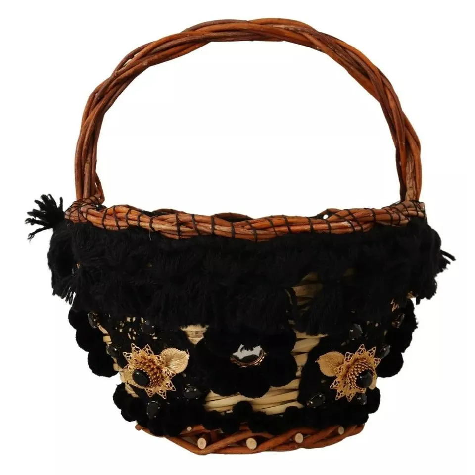 Dolce & Gabbana Black Beige Straw Basket Tote Pom Pom Crystals Bag