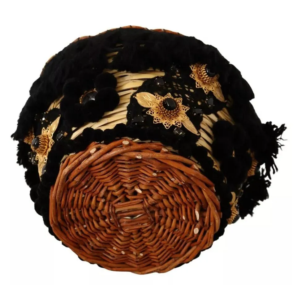 Dolce & Gabbana Black Beige Straw Basket Tote Pom Pom Crystals Bag