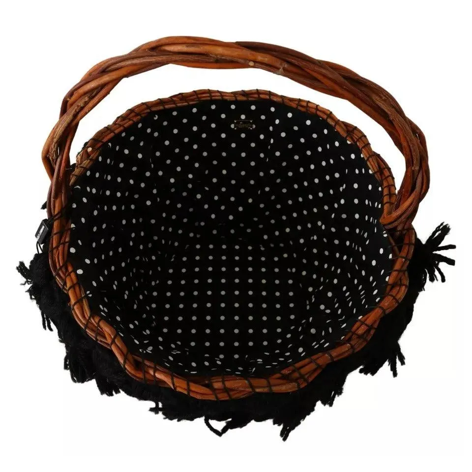 Dolce & Gabbana Black Beige Straw Basket Tote Pom Pom Crystals Bag