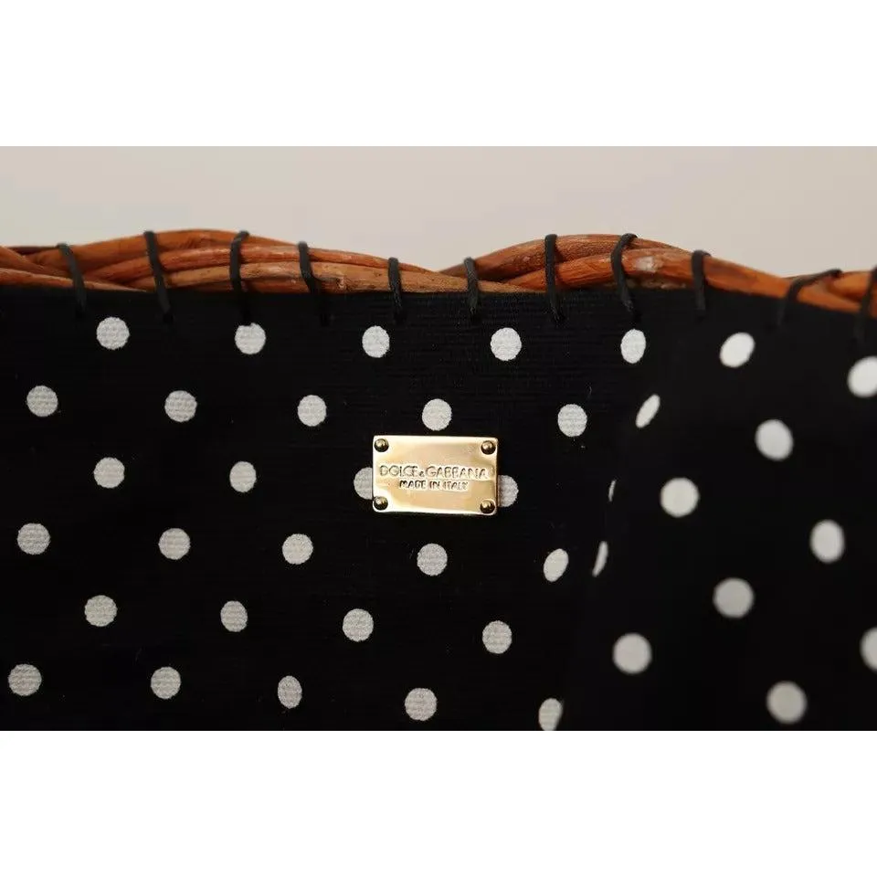 Dolce & Gabbana Black Beige Straw Basket Tote Pom Pom Crystals Bag