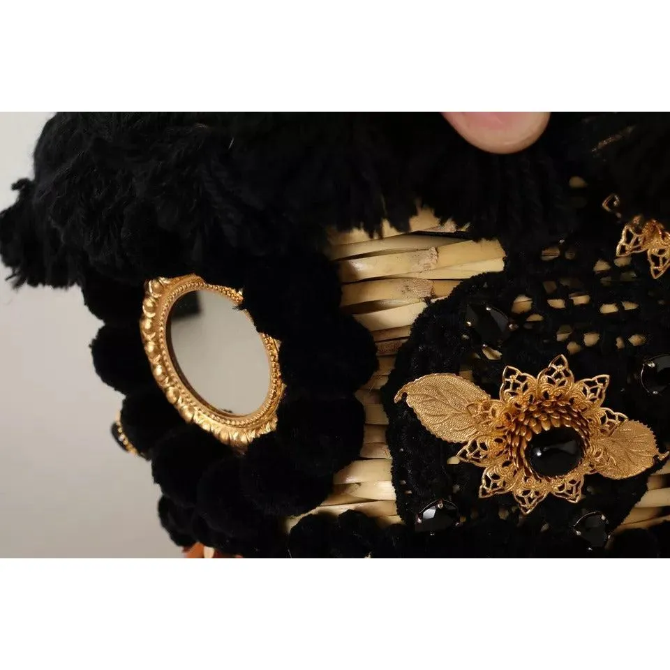 Dolce & Gabbana Black Beige Straw Basket Tote Pom Pom Crystals Bag